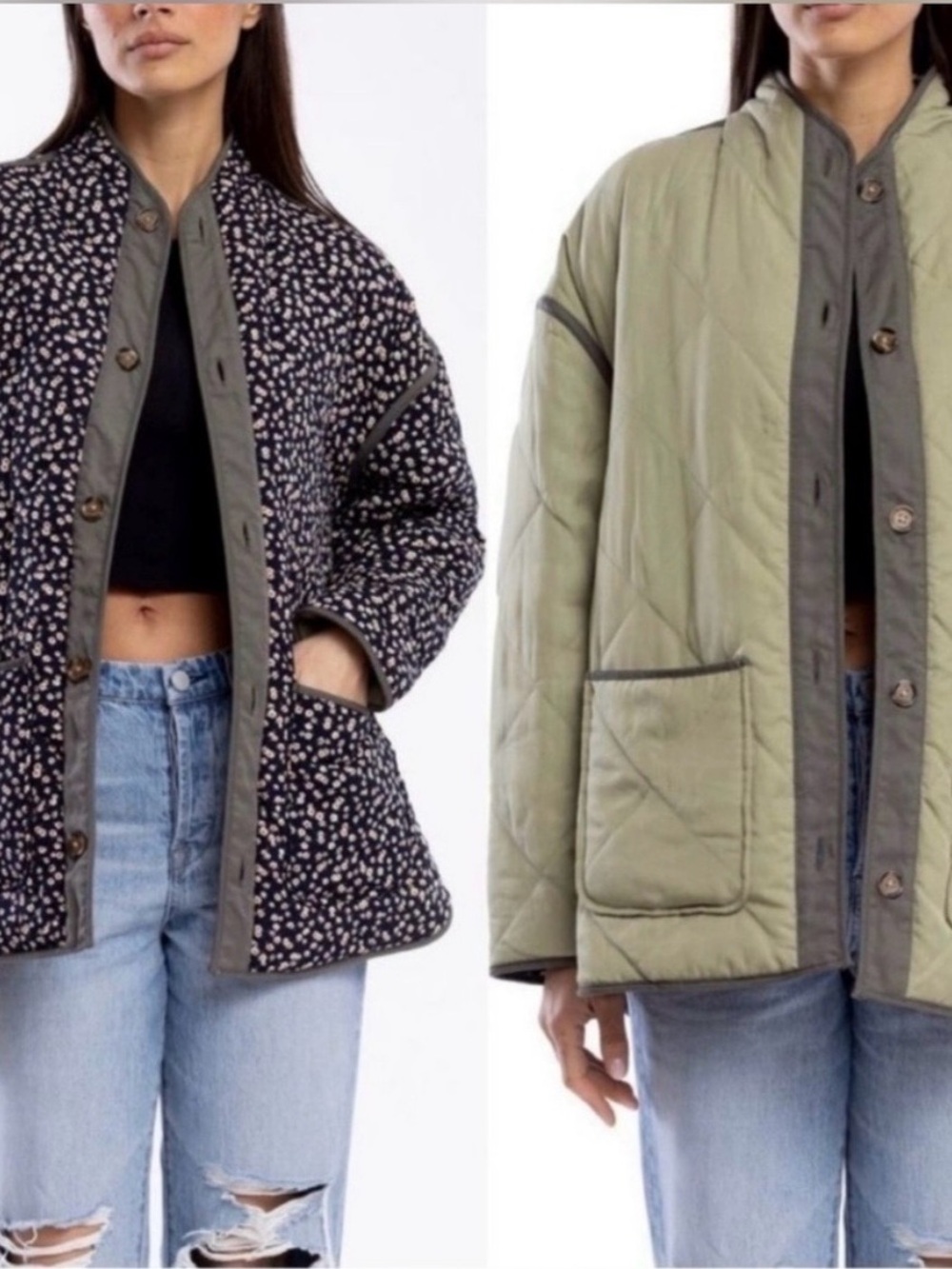 Blank NYC Reversible Quilted Bomber Jacket in Olive & Black Floral